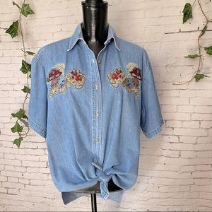 Vintage Farmhouse Cats Embroidered Chambray Button Down Blouse Bobbi Brooks L